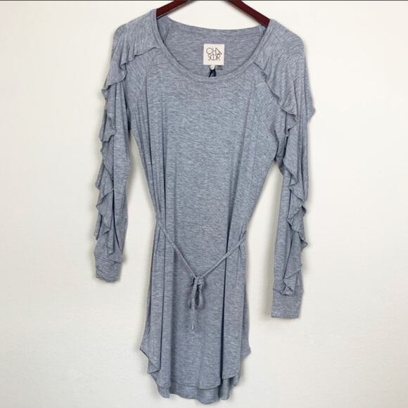 CHASER Grey Cool Jersey Ruffle Raglan Long Sleeve Dress Size Medium - Picture 1 of 9